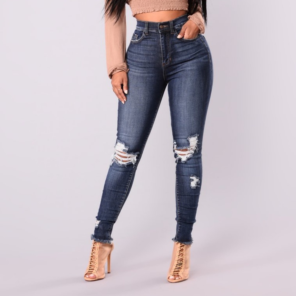 Smiley High Rise Distress Jeans - Dark Denim